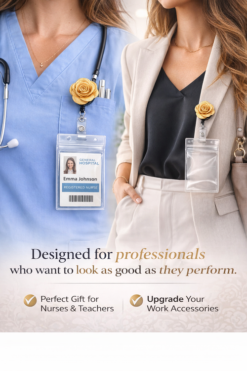 Gold Rose Badge Reel, ID Holder for Nurses, Office & Professionals